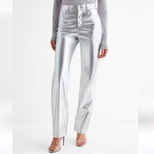 Express Metallic Silver High-Waist Straight Leg Pants